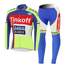 2015 Tinkoff Saxo Bank Fluo Light Green Cycling Jersey Long Sleeve and Cycling Pants Cycling Kits XXS