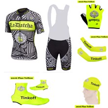 2016 Tinkoff Saxo Bank Fluo Yellow Cycling Jersey Maillot Ciclismo Short Sleeve and Cycling Bib Shorts and Scarf and Arm Sleeve and Gloves and Shoe Cover XXS