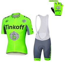 2016 Tinkoff Saxo Bank Fluo Green Cycling Jersey Maillot Ciclismo Short Sleeve and Cycling Bib Shorts and Gloves Short Finger XXS