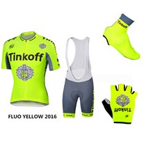 2016 Tinkoff Saxo Bank Fluo Yellow Cycling Jersey Maillot Ciclismo Short Sleeve and Cycling Bib Shorts and Shoes Cover and Gloves Short Finger XXS